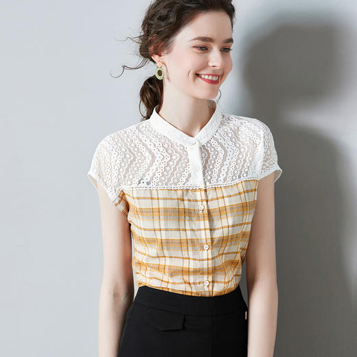 《sr#夏季新品》蕾丝拼接格纹无领短袖衬衫上衣女
