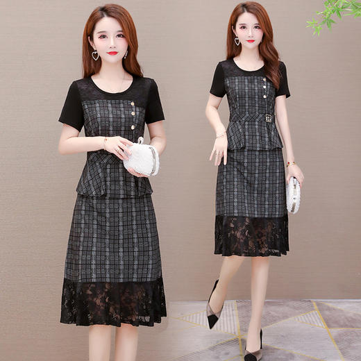 NSDN-格子新款修身小个子拼接洋气蕾丝短袖a字裙 商品图1