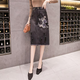 SSM-Y067DR高腰牛仔裙韩版修身中长款钉珠花朵包臂裙