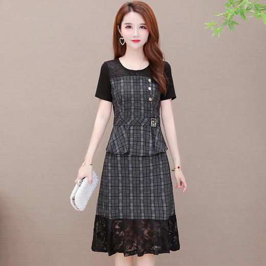 NSDN-格子新款修身小个子拼接洋气蕾丝短袖a字裙 商品图2