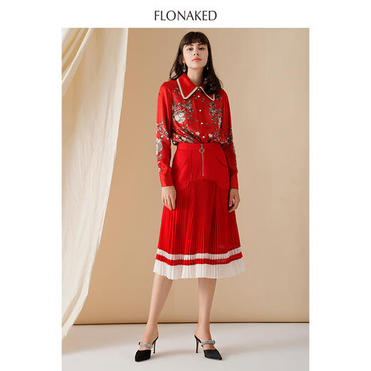 大红石榴真丝缎定位花衬衣 商品图1