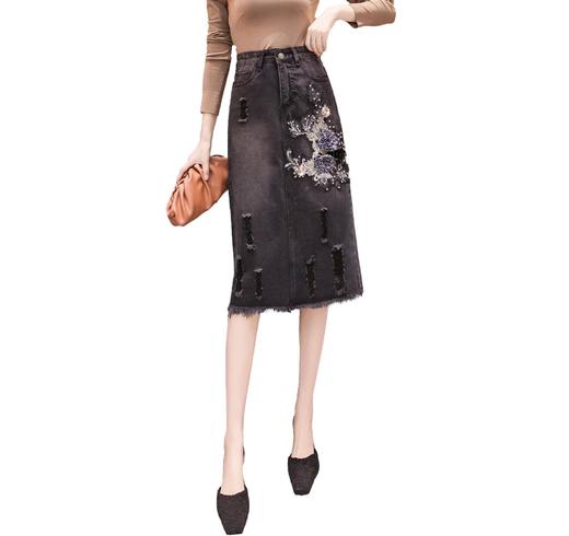 SSM-Y067DR高腰牛仔裙韩版修身中长款钉珠花朵包臂裙 商品图4