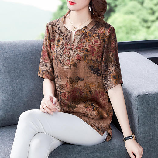 SXY-9660妈妈大码女装夏真丝印花修身显瘦T恤上衣 商品图0