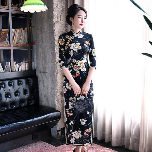 新款真丝旗袍裙桑蚕丝长款修身老上海改良显瘦款 商品图2