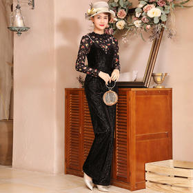 DLQ- A2678新款时尚蕾丝绣花长袖上衣丝绒长裤背带裤两件套WW