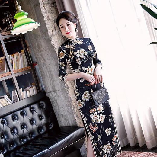 新款真丝旗袍裙桑蚕丝长款修身老上海改良显瘦款 商品图3