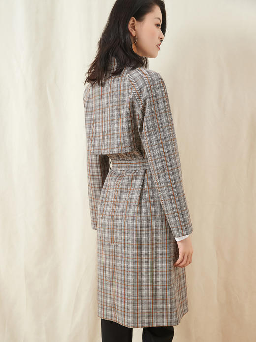 秋冬新款中长款风衣咖啡色格子双排扣大衣慵懒腰带外套 商品图4