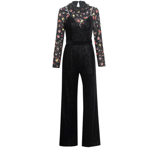 DLQ- A2678新款时尚蕾丝绣花长袖上衣丝绒长裤背带裤两件套WW 商品图3