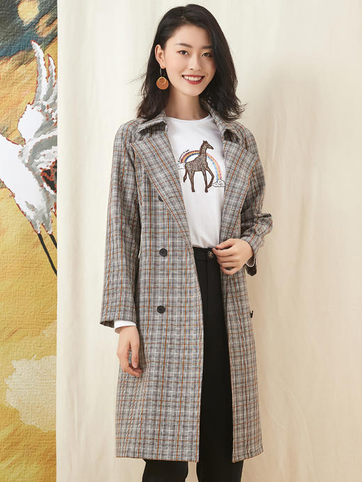 秋冬新款中长款风衣咖啡色格子双排扣大衣慵懒腰带外套 商品图1