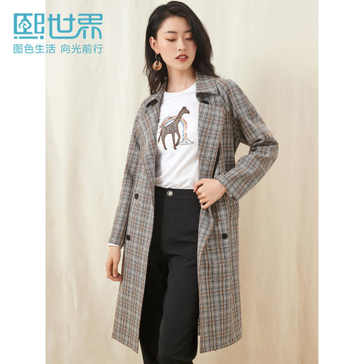 秋冬新款中长款风衣咖啡色格子双排扣大衣慵懒腰带外套 商品图0