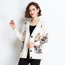 FCY-FQ65028刺绣针织开衫女2020年春秋新款宽松大码外套毛衣