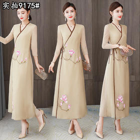 XYX-9175汉服长裙V领修身气质玉兰刺绣桑蚕丝连衣裙