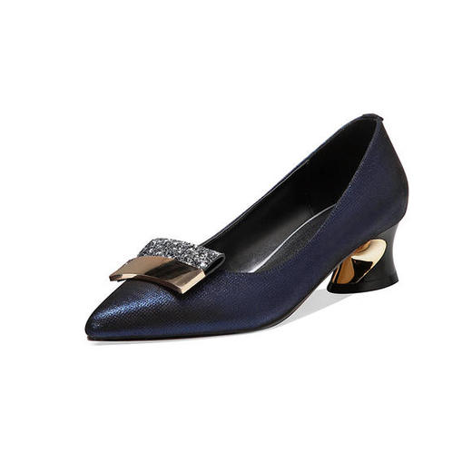 OLD-6613新款时尚气质百搭真皮尖头水钻浅口粗高跟鞋 商品图4