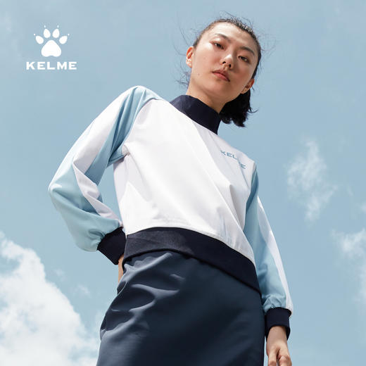 卡尔美新款插肩袖撞色条纹卫衣女清爽梭织高领休闲上衣 商品图2