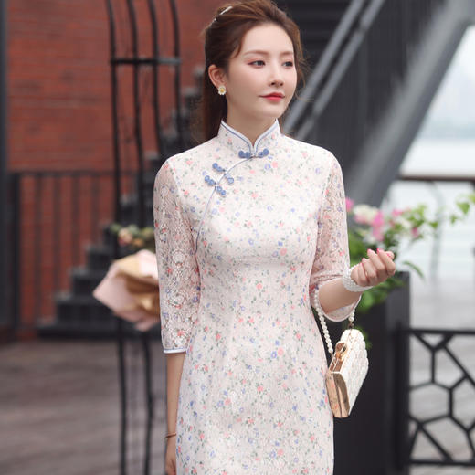 【小彩】2020秋季新款改良蕾丝小清新优雅印花中国风短款旗袍裙xgt