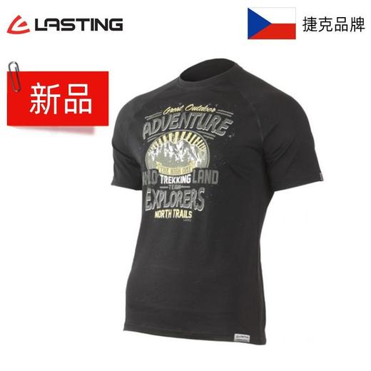 捷克Lasting16微米超细美利奴羊毛 男款探险家黑色印花羊毛短袖 商品图0