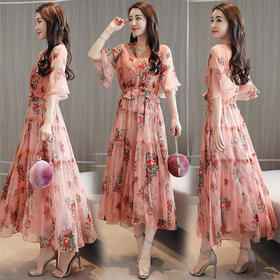HR-YQH875长裙夏新款碎花裙气质收腰韩版显个舒适雪纺连衣裙潮