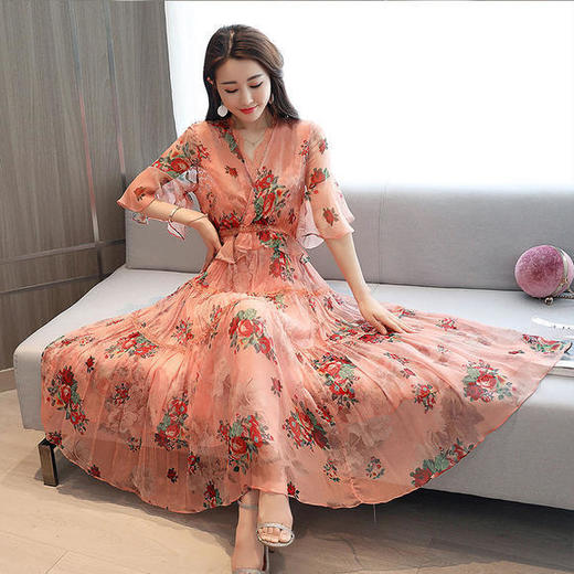 HR-YQH875长裙夏新款碎花裙气质收腰韩版显个舒适雪纺连衣裙潮 商品图3