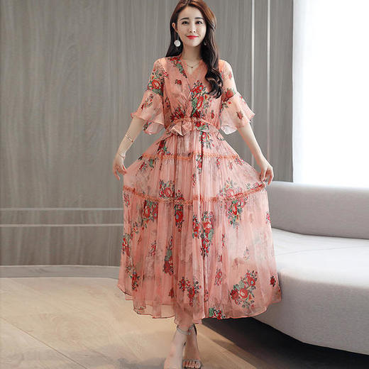 HR-YQH875长裙夏新款碎花裙气质收腰韩版显个舒适雪纺连衣裙潮 商品图4