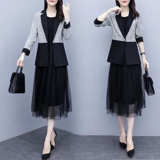 格纹中长款西装外套，无袖网纱连衣裙套装HR-XYFS5968 商品图1
