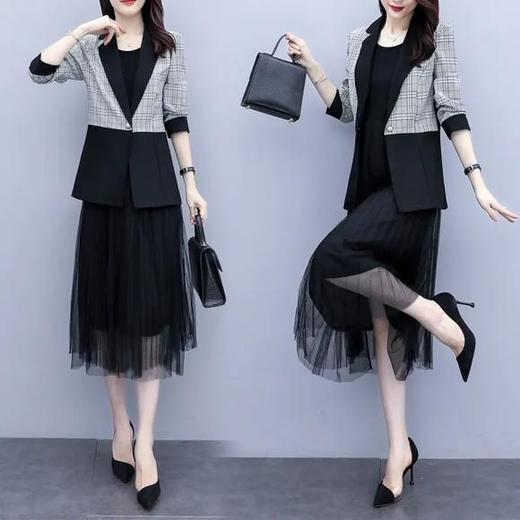 格纹中长款西装外套，无袖网纱连衣裙套装HR-XYFS5968 商品图3