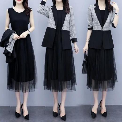 格纹中长款西装外套，无袖网纱连衣裙套装HR-XYFS5968 商品图2