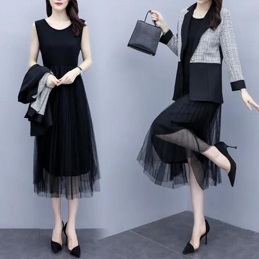 格纹中长款西装外套，无袖网纱连衣裙套装HR-XYFS5968 商品图0