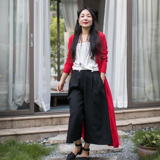 【林栖设计小店】2020秋季新款女装红色长袖休闲中长款针织开衫外套拼真丝 商品图0