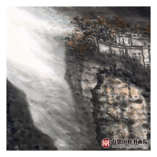 叶丁疑《崖上人家》68*68cm 山水斗方作品 办公室/客厅挂画 商品图3