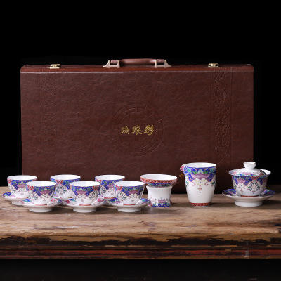 珐琅彩功夫茶具套装陶瓷华丽中式彩蝶整套盖碗茶杯托6杯礼盒装 商品图2