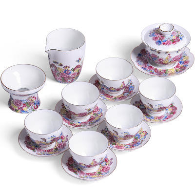 珐琅彩功夫茶具套装陶瓷华丽中式彩蝶整套盖碗茶杯托6杯礼盒装 商品图4