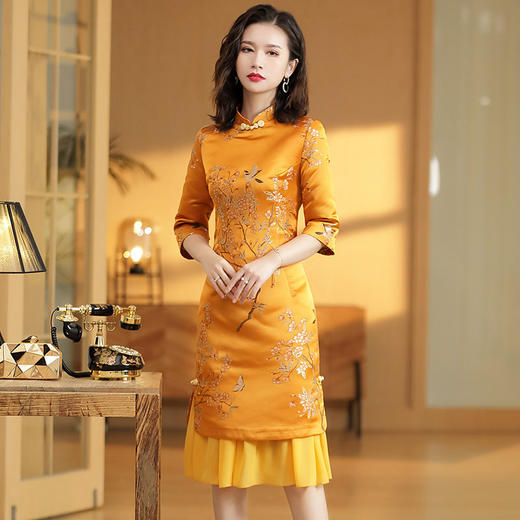 上海旗袍厂AYK-QF-191029秋季精品时尚中袖提花拼接修身旗袍裙女时装改良国风长旗袍 商品图1