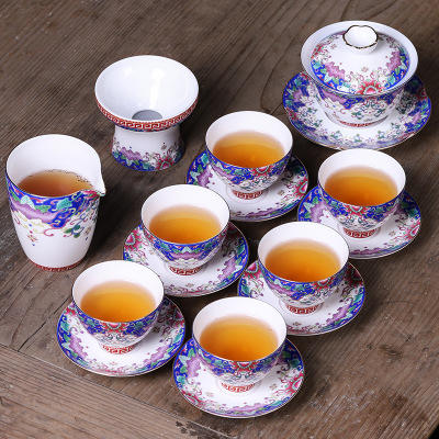 珐琅彩功夫茶具套装陶瓷华丽中式彩蝶整套盖碗茶杯托6杯礼盒装 商品图7