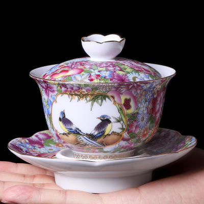 珐琅彩功夫茶具套装陶瓷华丽中式彩蝶整套盖碗茶杯托6杯礼盒装 商品图3