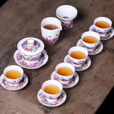 珐琅彩功夫茶具套装陶瓷华丽中式彩蝶整套盖碗茶杯托6杯礼盒装 商品图1