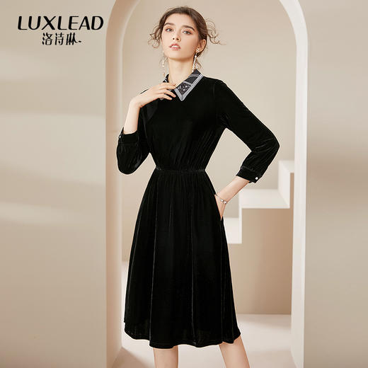 洛诗琳2020秋季新款复古金丝绒彼得潘领松紧腰礼服裙赫本风连衣裙 商品图0