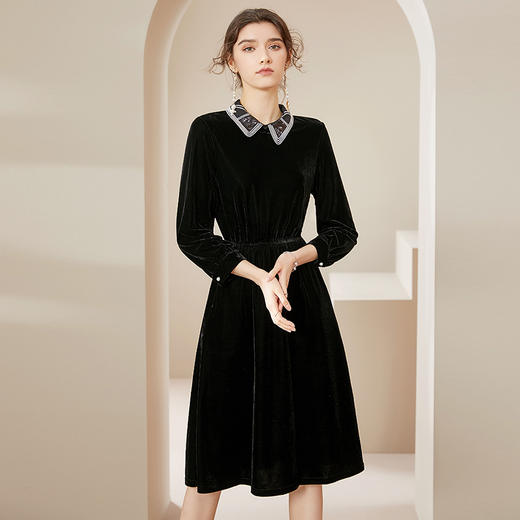 洛诗琳2020秋季新款复古金丝绒彼得潘领松紧腰礼服裙赫本风连衣裙 商品图2