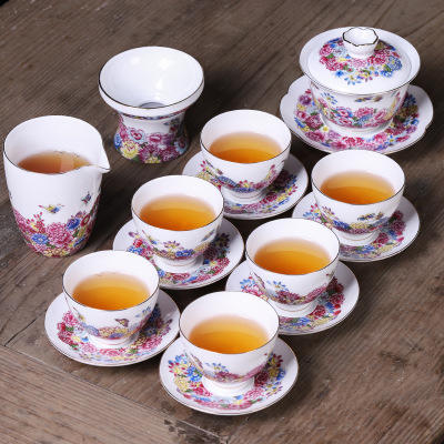 珐琅彩功夫茶具套装陶瓷华丽中式彩蝶整套盖碗茶杯托6杯礼盒装 商品图6