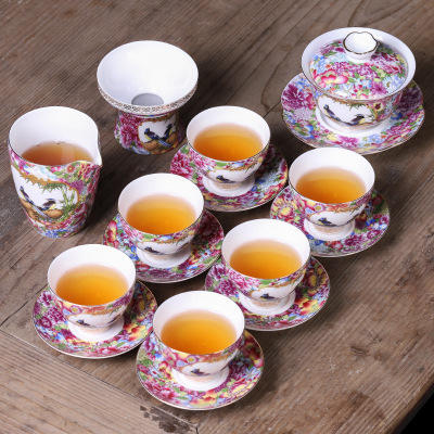 珐琅彩功夫茶具套装陶瓷华丽中式彩蝶整套盖碗茶杯托6杯礼盒装 商品图5