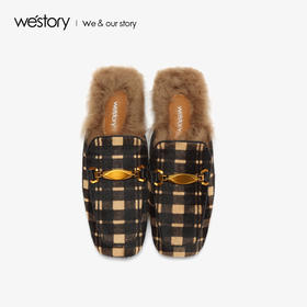 westory商场同款秋季毛毛拖鞋方头低跟格子鞋女W283H70641