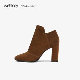 westory商场同款秋季粗跟高跟鞋圆头绒面舒适单鞋女W284M80651