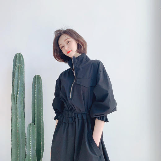 个性半开拉链领收腰抽绳连衣裙 商品图0