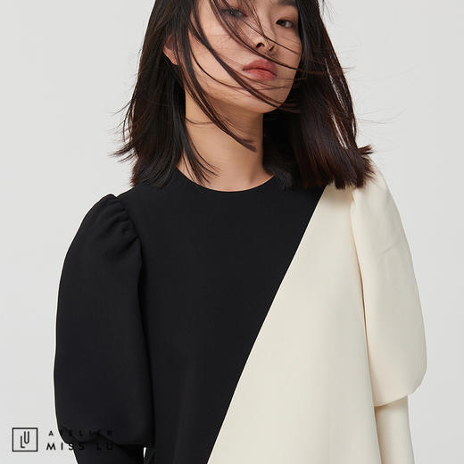 AtelierMissLu-【小俏皮大气场】 斜线拼色廓形袖连身裙 商品图2