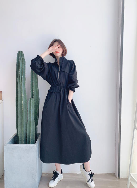 个性半开拉链领收腰抽绳连衣裙 商品图4