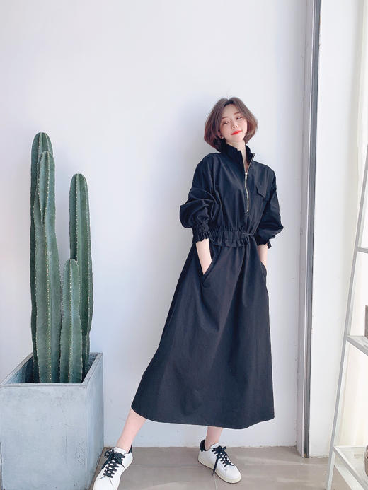 个性半开拉链领收腰抽绳连衣裙 商品图3