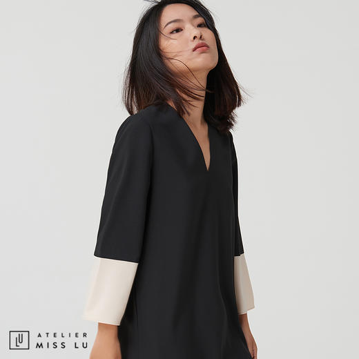 AtelierMissLu-【优雅之上】 黑白拼色简洁款连身裙 商品图0