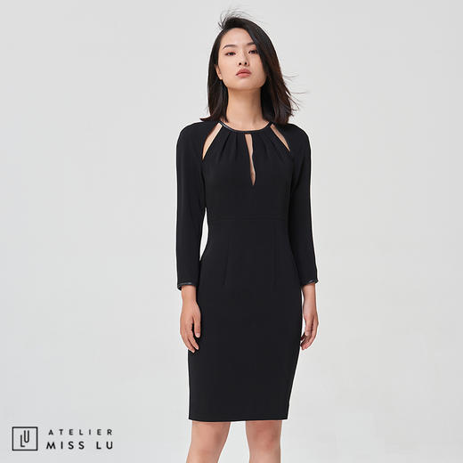 【有点皮气】镂空拼皮设计感修身小黑裙 商品图3