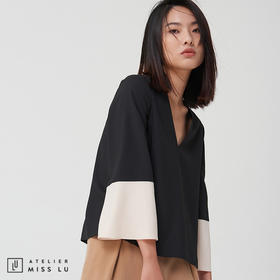 AtelierMissLu-【LESS IS MORE】 黑白拼色简洁款V领上衣
