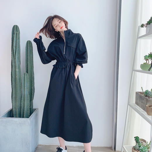 个性半开拉链领收腰抽绳连衣裙 商品图2