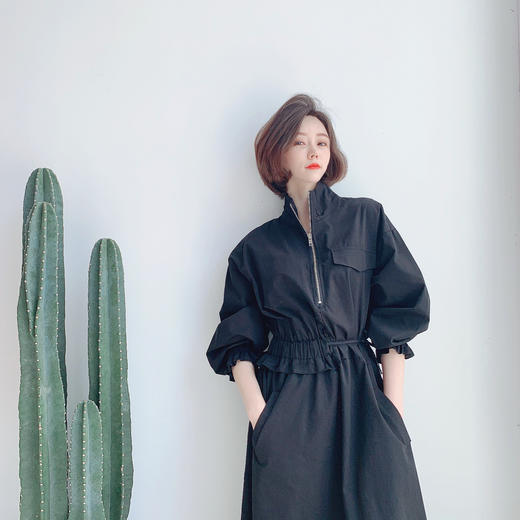 个性半开拉链领收腰抽绳连衣裙 商品图1